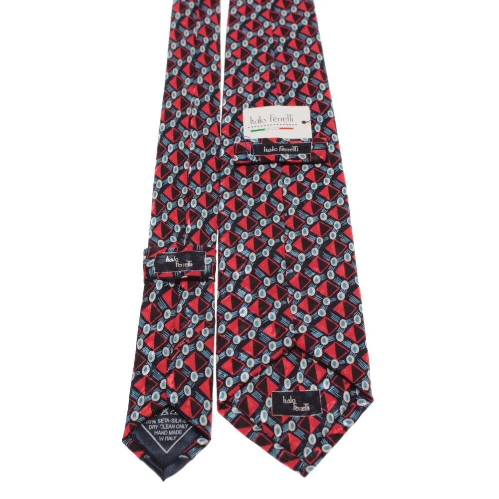 Italo Ferretti NWT Neck Tie in Red / Blue / Black Geometric Print 100% Silk
